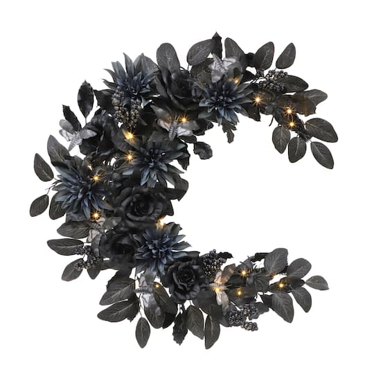 26" LED Black & Dusty Navy Dahlia, Rose & Moth Moon Wreath by Ashland®